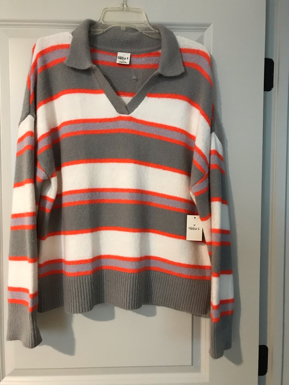NWT-Gray & White Stripe V-Neck Polo Sweater with Orange Accents